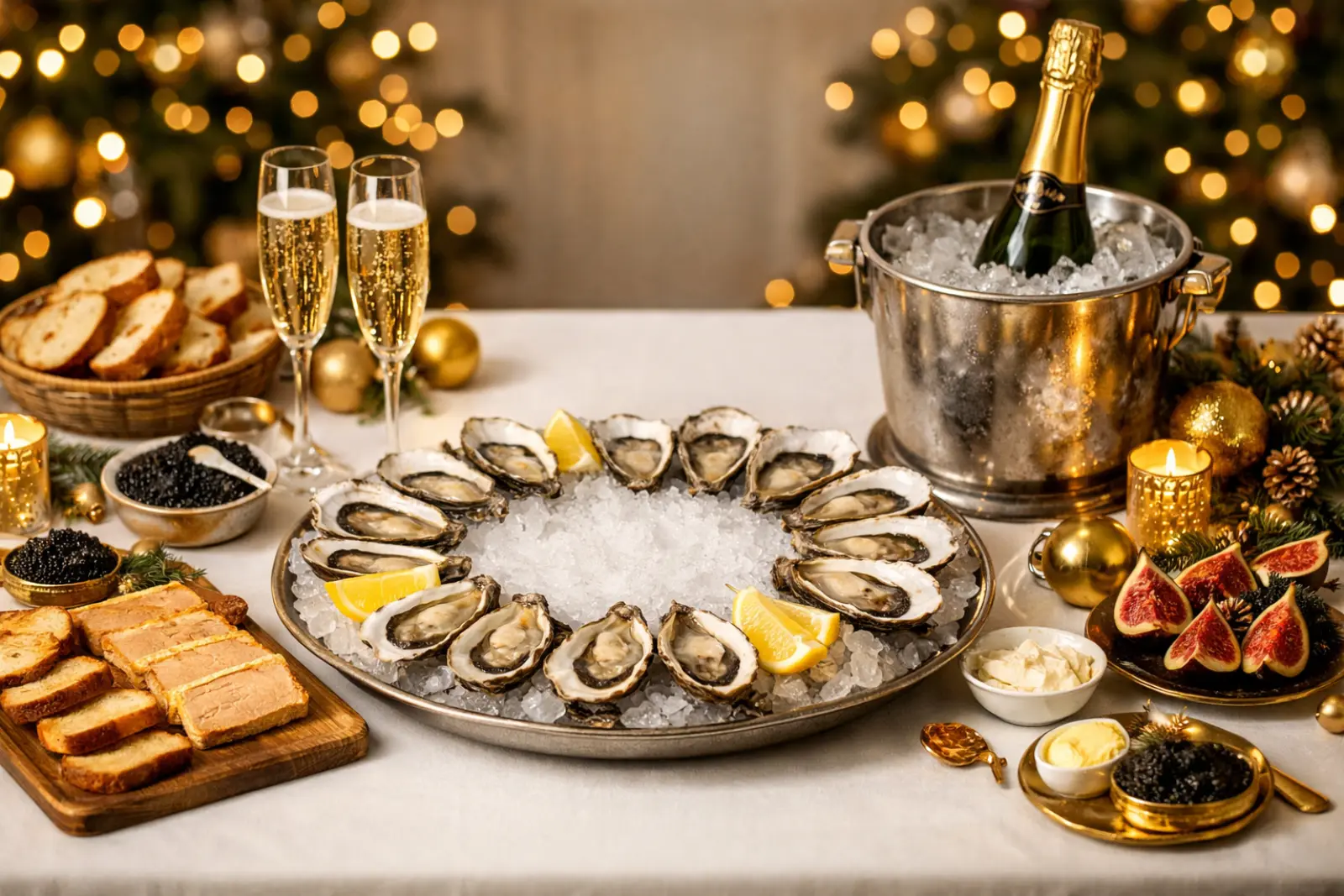 Table de fêtes avec huîtres fraîches, foie gras et champagne - Recettes de chefs étoilés simplifiées