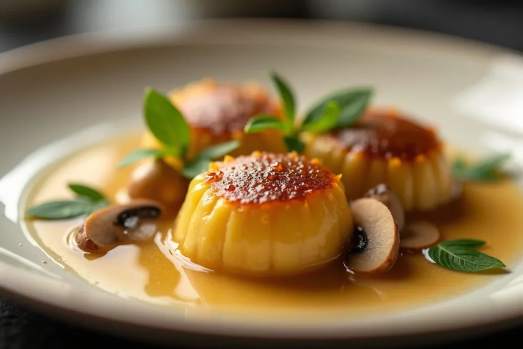 Ravioles de foie gras, bouillon clair aux champignons d’hiver detail 1