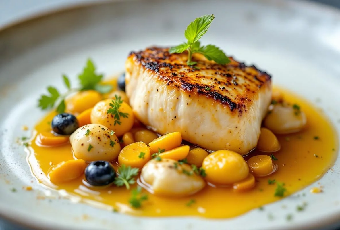 Suprême de volaille farcie, jus réduit et légumes glacés