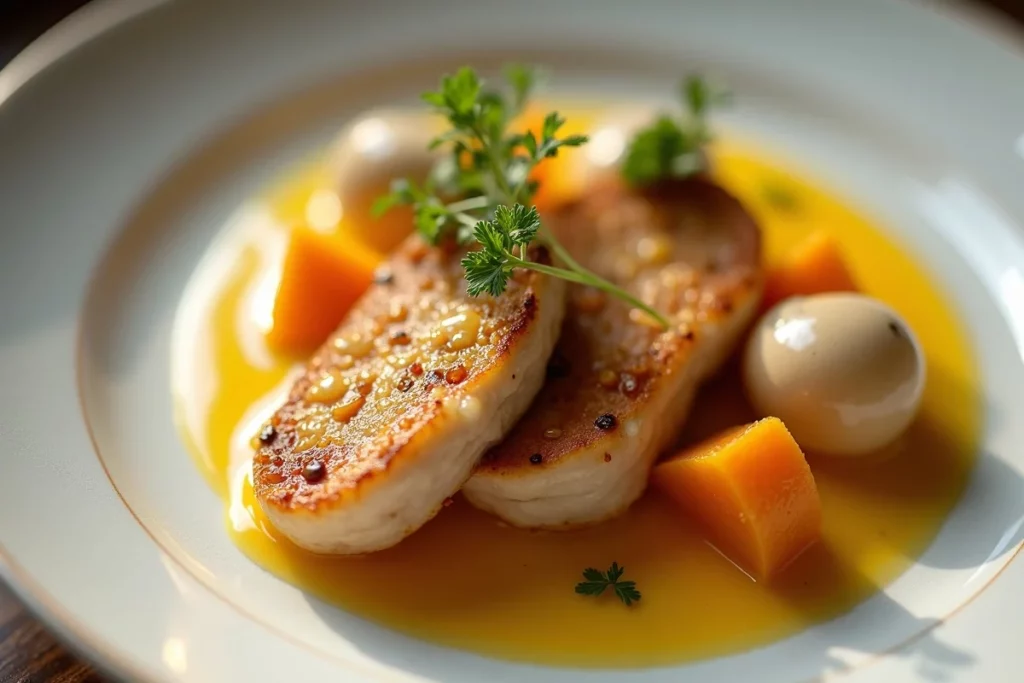 Suprême de volaille farcie, jus réduit et légumes glacés detail 1