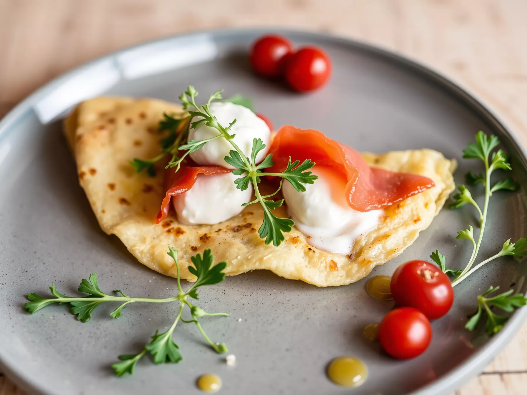La crêpe glamour inspirée de Cyril Lignac – jambon cru, burrata fondante et roquette fraîche