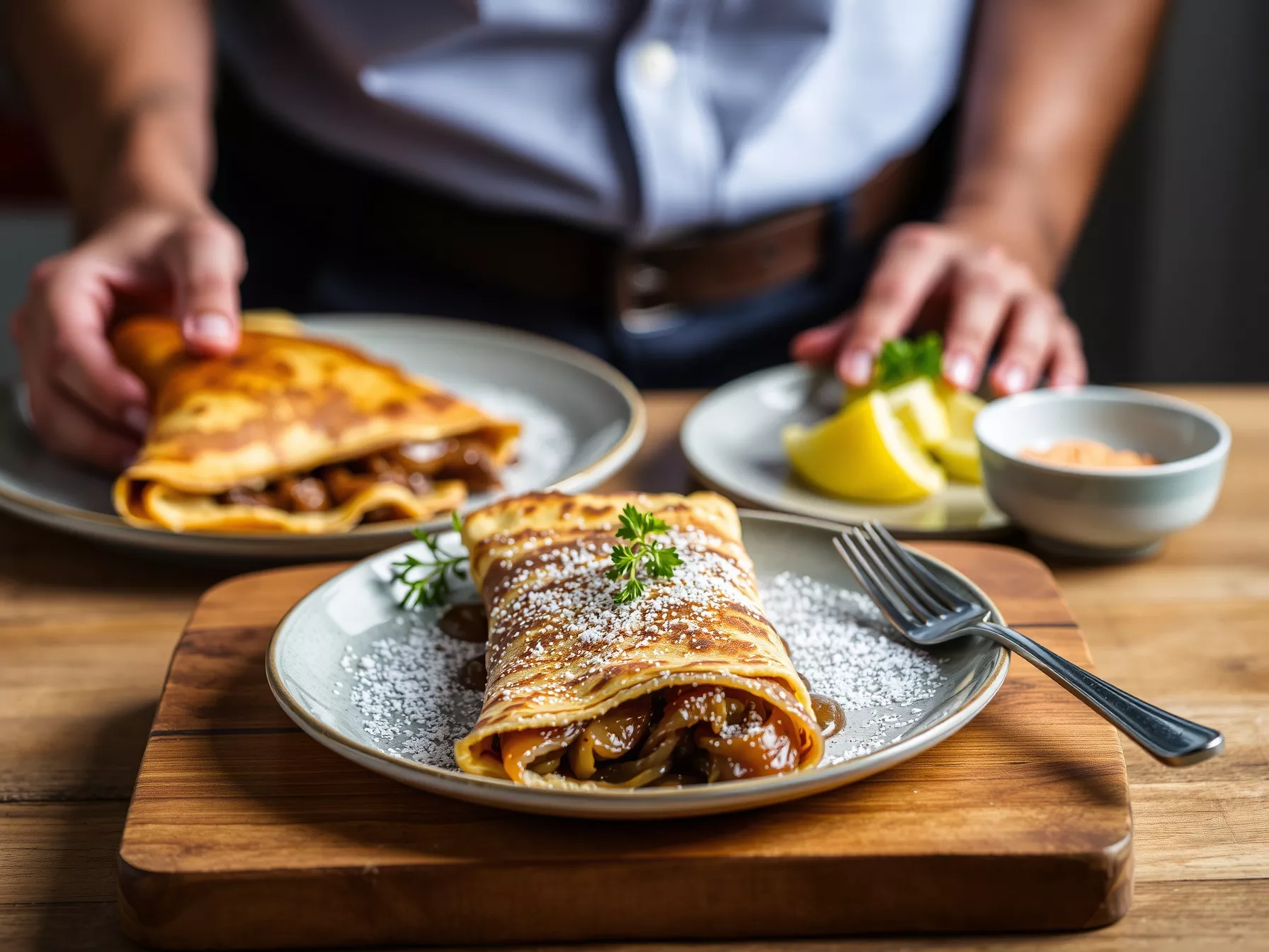 La crêpe puissance & gourmandise – bœuf effiloché, oignons confits et jus réduit